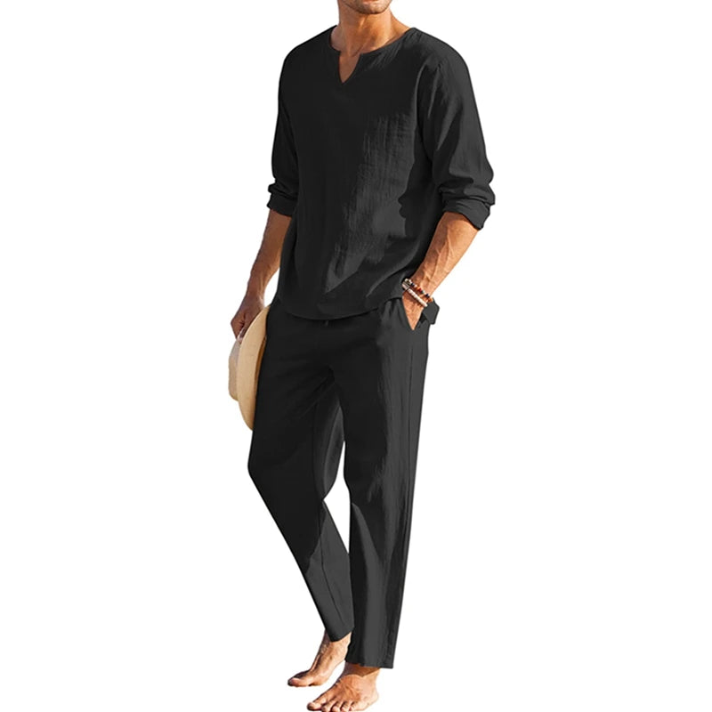 Men's Summer Cotton Linen Clothes Solid Color Henley Set
