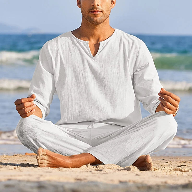 Men's Summer Cotton Linen Clothes Solid Color Henley Set