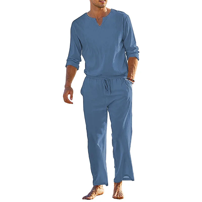 Men's Summer Cotton Linen Clothes Solid Color Henley Set