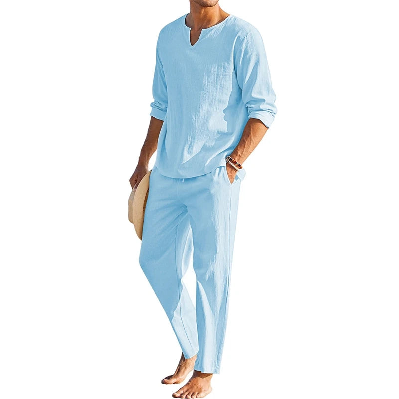 Men's Summer Cotton Linen Clothes Solid Color Henley Set