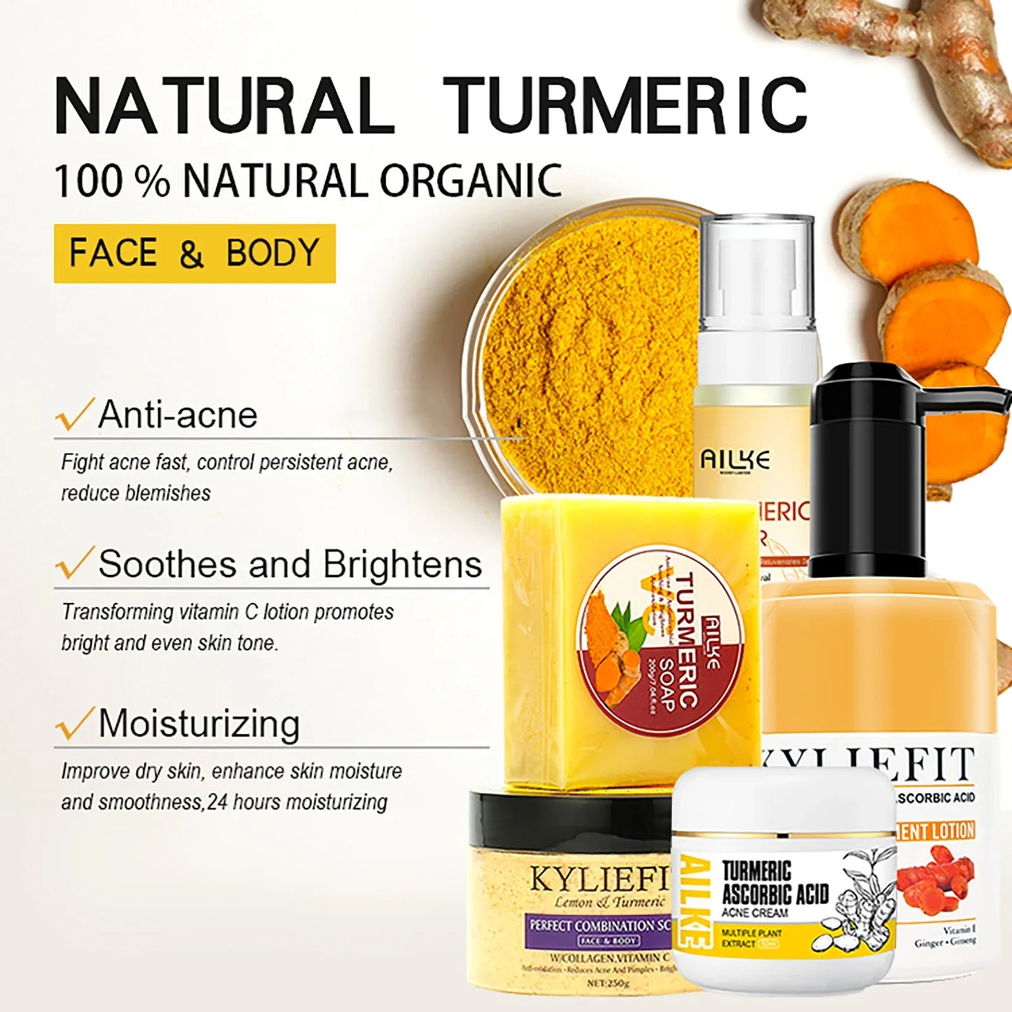 Organic Turmeric Skin Care Kit, Remove Darkness, Lighten, Even Skin Tone,